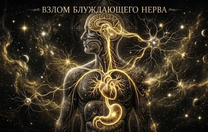 Нейробиология осознанности и светящийся блуждающий нерв в теле человека на фоне космоса.