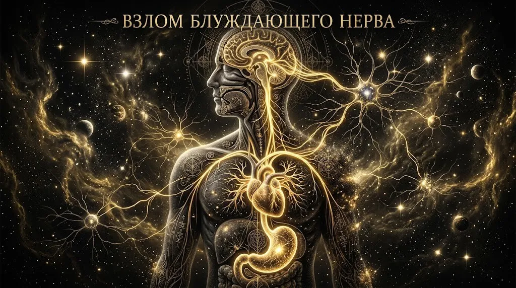 Нейробиология осознанности и светящийся блуждающий нерв в теле человека на фоне космоса.