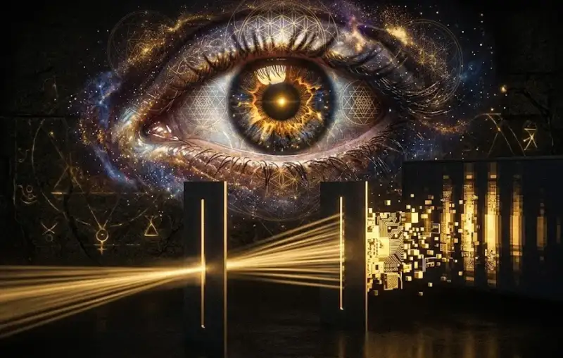Глаз наблюдателя, сотканный из звездной пыли, смотрит на свет, проходящий через две щели, формируя квантовую реальность.
