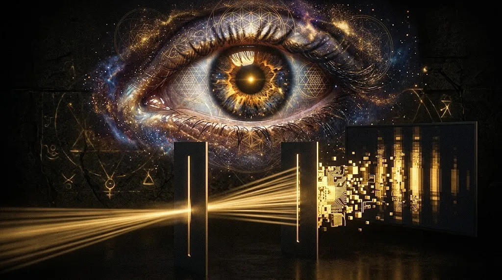 Глаз наблюдателя, сотканный из звездной пыли, смотрит на свет, проходящий через две щели, формируя квантовую реальность.