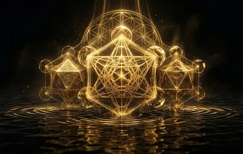 Золотые узоры киматики и сакральной геометрии, формирующиеся из темной воды под воздействием звука.