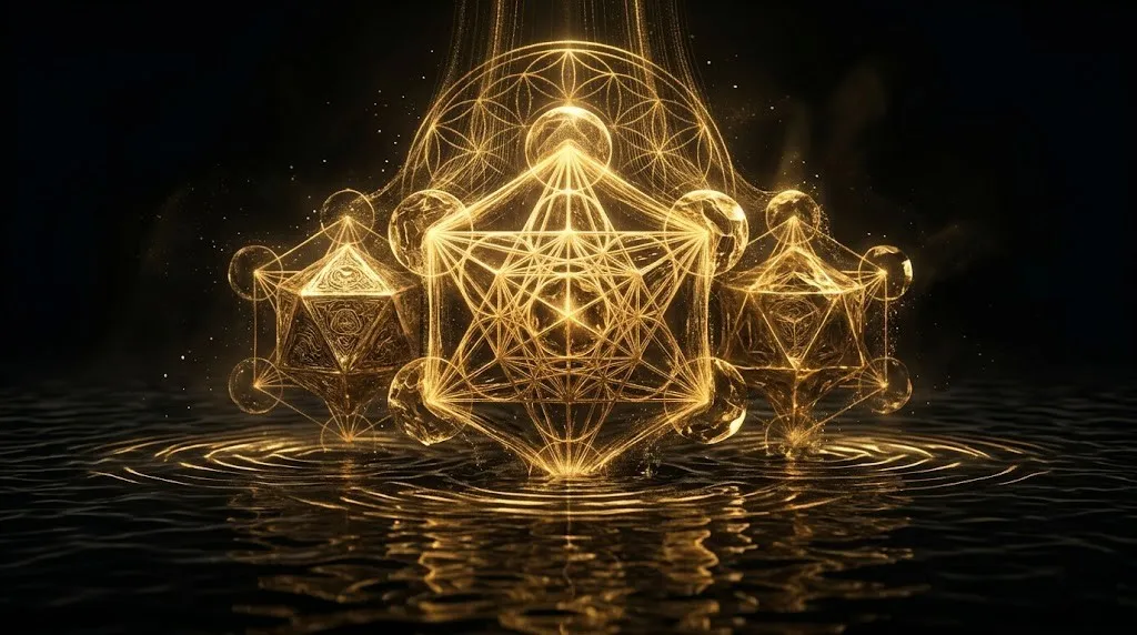 Золотые узоры киматики и сакральной геометрии, формирующиеся из темной воды под воздействием звука.