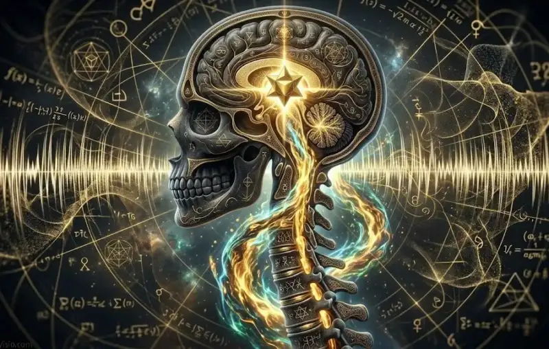 3D-модель позвоночника, по которому поднимается биолюминесцентный свет к головному мозгу, символизируя пробуждение Кундалини.