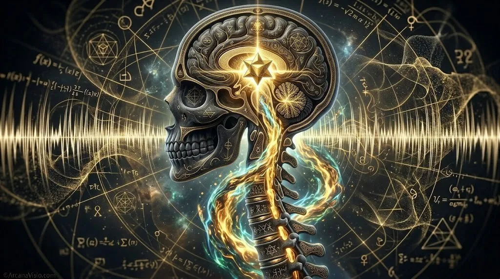 3D-модель позвоночника, по которому поднимается биолюминесцентный свет к головному мозгу, символизируя пробуждение Кундалини.