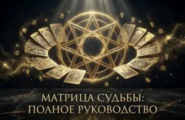 Эстетичная обложка со схемой октаграммы и картами Таро в черно-золотых тонах с надписью Матрица Судьбы: Полное руководство.