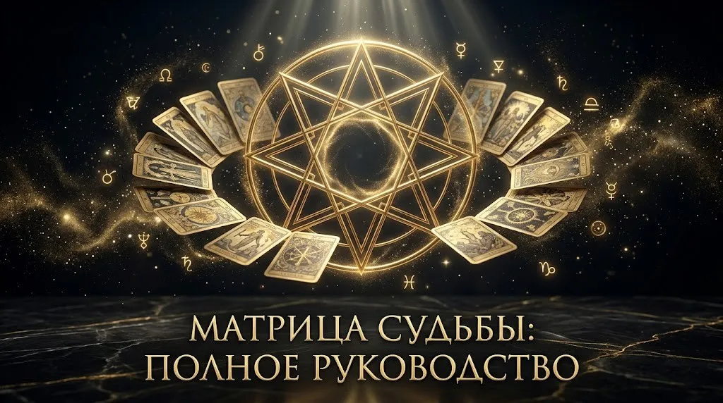 Эстетичная обложка со схемой октаграммы и картами Таро в черно-золотых тонах с надписью Матрица Судьбы: Полное руководство.