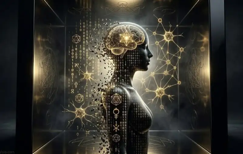 Силуэт человека растворяется в нейронном коде иллюзии реальности