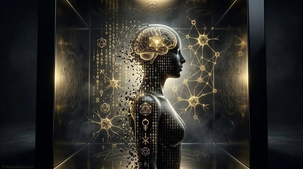 Силуэт человека растворяется в нейронном коде иллюзии реальности