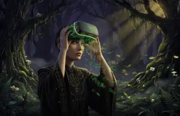 Человек снимает VR-шлем в лесу, цифровой код растворяется в природе, символизируя выход из Матрицы и дофаминовый детокс.