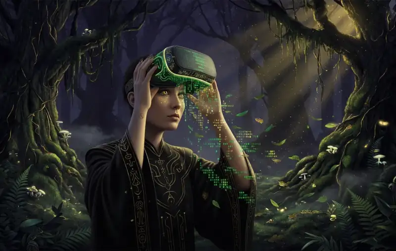 Человек снимает VR-шлем в лесу, цифровой код растворяется в природе, символизируя выход из Матрицы и дофаминовый детокс.