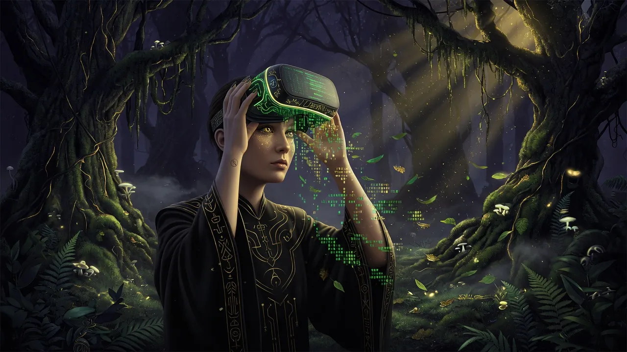 Человек снимает VR-шлем в лесу, цифровой код растворяется в природе, символизируя выход из Матрицы и дофаминовый детокс.
