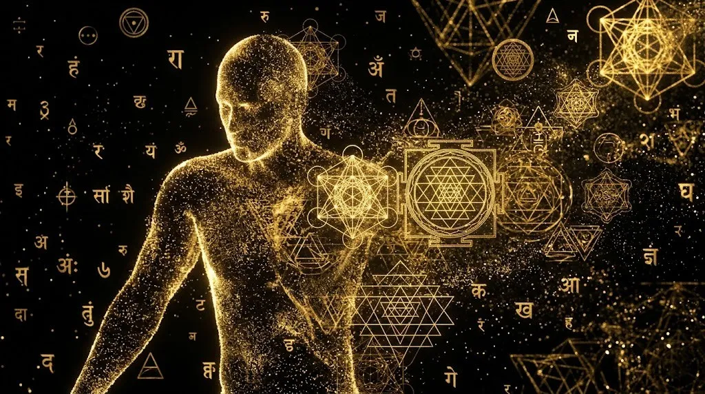 Человек, состоящий из золотой звездной пыли, сливается с темным квантовым океаном сакральной геометрии.