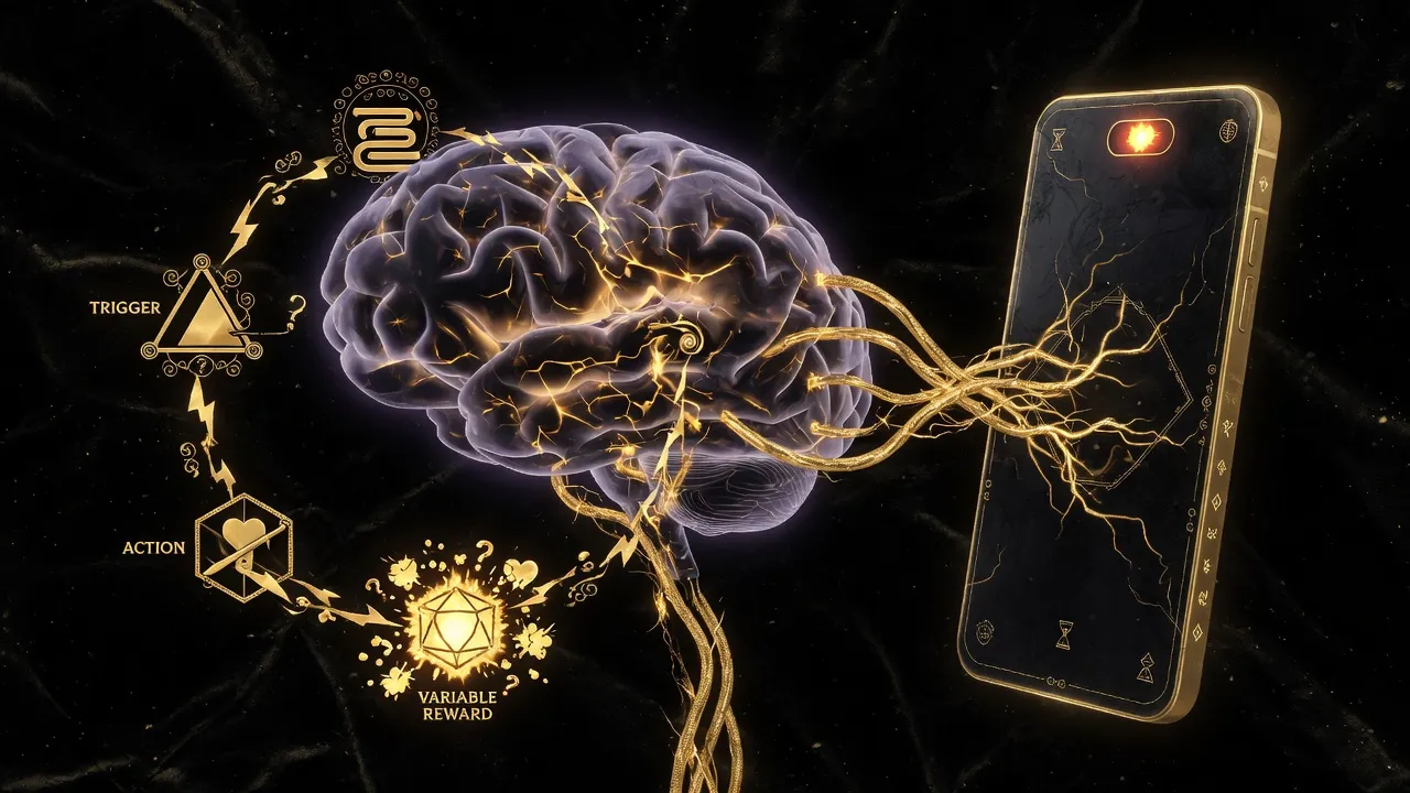 Инфографика дофаминовой петли: светящиеся нейронные связи мозга, подключенные к смартфону.