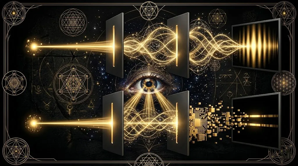 Инфографика эксперимента с двумя щелями: волна превращается в частицы под взглядом Наблюдателя.