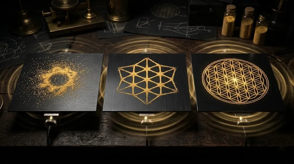 Киматика и мантры: физика звука как инструмент программирования биологической реальности 2 Превращение хаотичного песка в сакральную геометрию под воздействием звука, визуализация фигур Хладни и киматики.