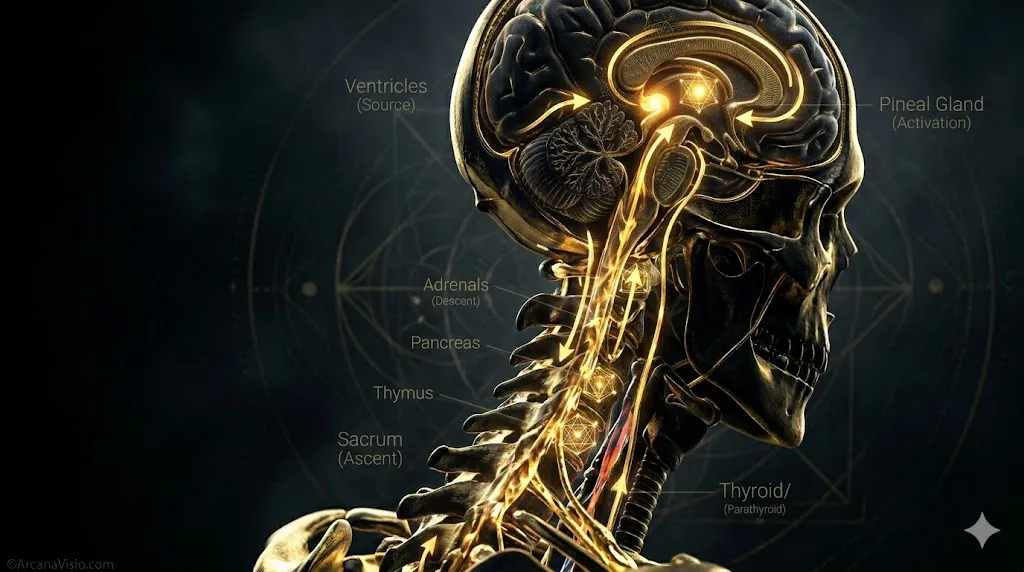 Инфографика циркуляции спинномозговой жидкости (ликвора) по позвоночнику к головному мозгу, схема Кундалини.