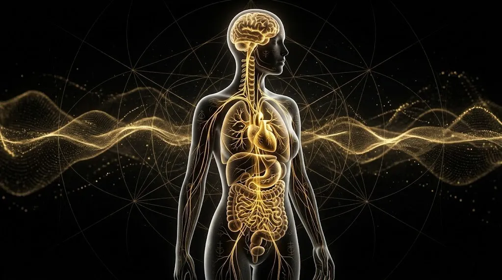 Схема блуждающего нерва, идущего от ствола мозга к сердцу и кишечнику, парасимпатическая нервная система.