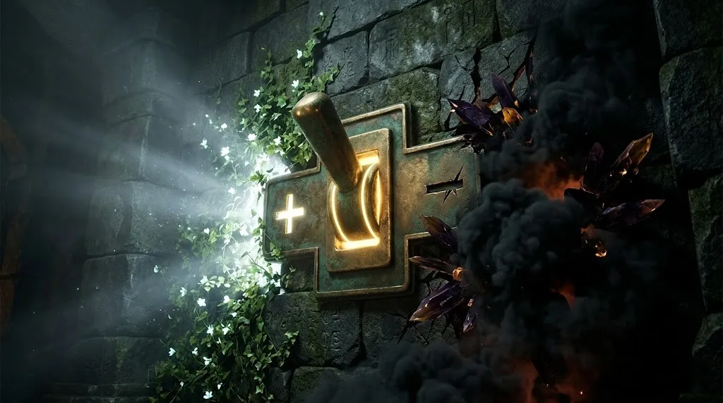 Золотой переключатель энергий Матрицы судьбы на древнем темном камне, символизирующий осознанный переход из разрушительного минуса в созидающий плюс.