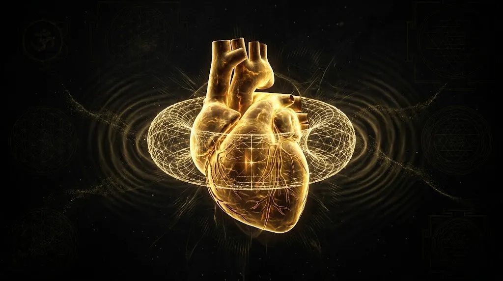 Биофизика чакр: научный взгляд на энергетические центры и эндокринную систему 4 Светящееся человеческое сердце, генерирующее электромагнитное поле в форме идеального тора.