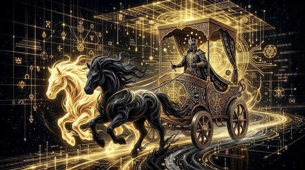 Иллюстрация дуальности энергий Матрицы Судьбы на примере Старшего Аркана Таро в черно-золотых тонах.