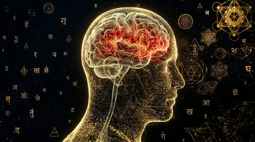 Нейробиология внутреннего диалога: светящаяся дефолт-система мозга (DMN), генерирующая хаотичные мысли и тревогу.