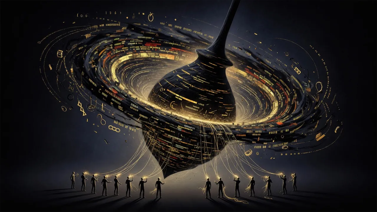 Гигантская воронка из цифрового кода поглощает золотую энергию людей, визуализация маятников Трансерфинга в цифровую эпоху.