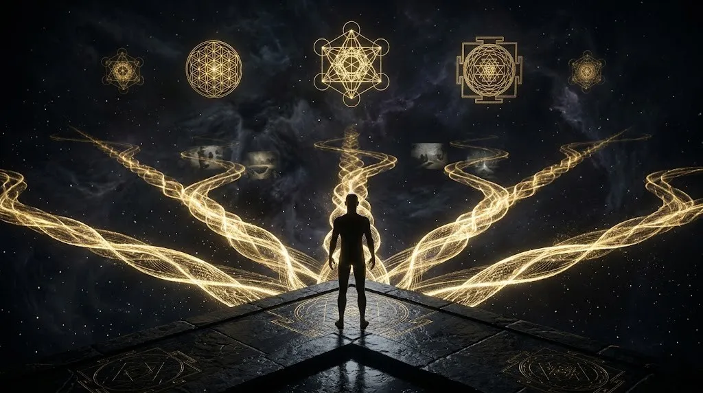 Человек стоит на перекрестке множества светящихся линий вероятности в квантовом поле (Пространстве вариантов).