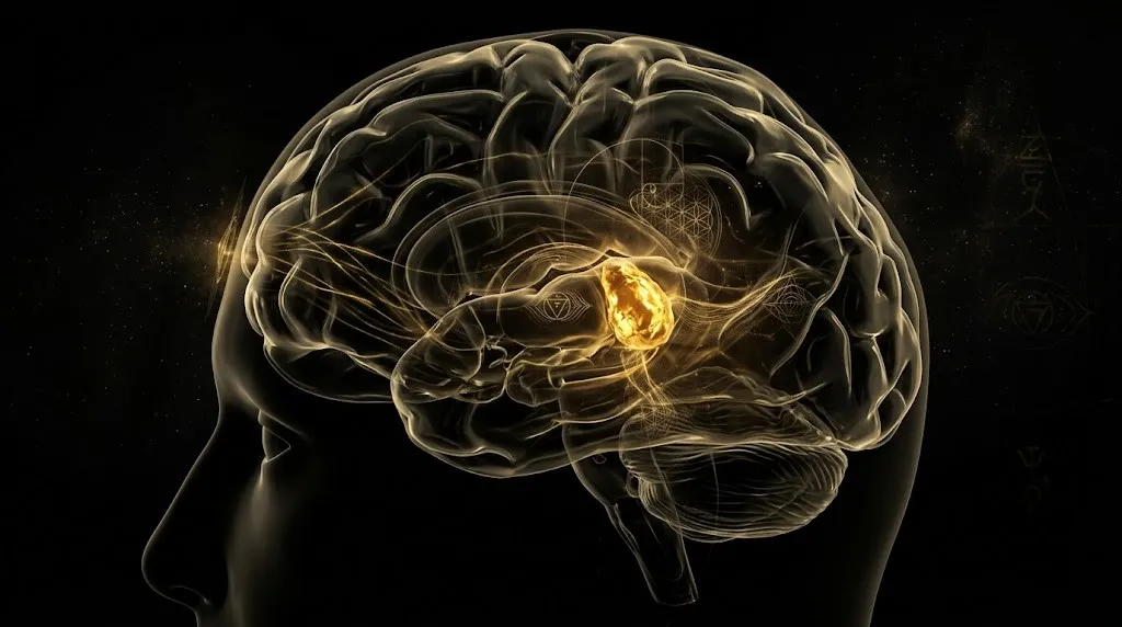 Биофизика чакр: научный взгляд на энергетические центры и эндокринную систему 3 Светящаяся шишковидная железа внутри прозрачного мозга, нейробиология Третьего глаза (Аджна чакра).