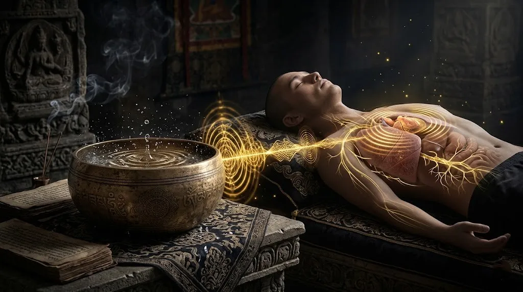 Киматика и мантры: физика звука как инструмент программирования биологической реальности 3 Тибетская поющая чаша излучает золотые звуковые волны, которые проникают в тело человека и резонируют с органами.