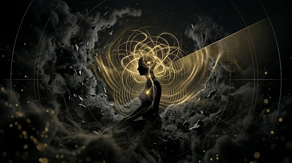 Силуэт человека в медитации с золотыми звуковыми волнами, исходящими из горла, визуализация активации блуждающего нерва.