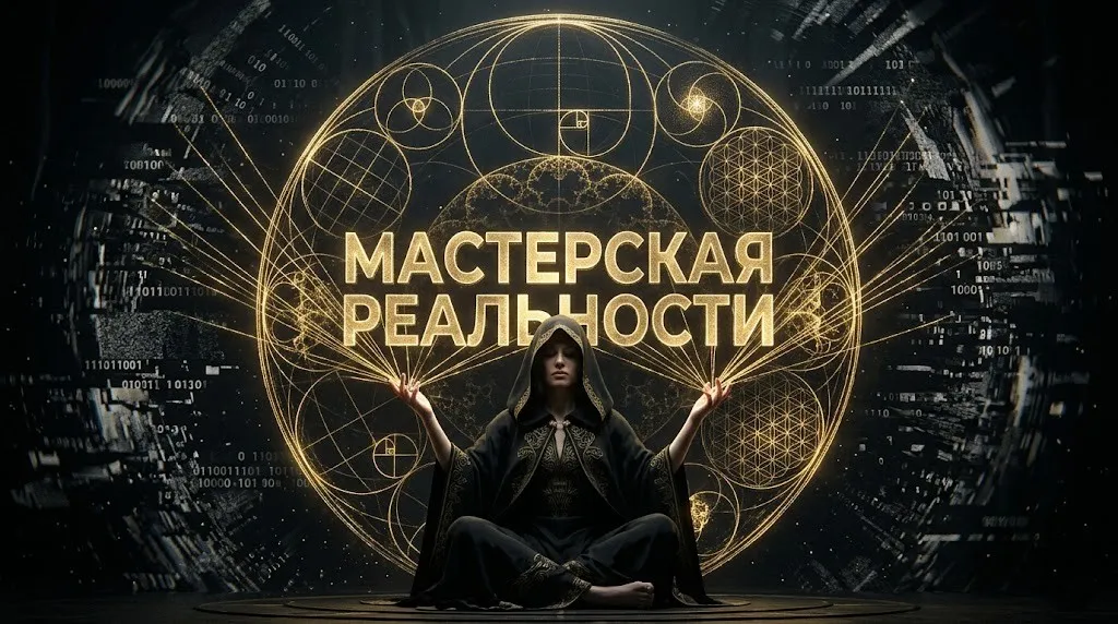Биофизика чакр: научный взгляд на энергетические центры и эндокринную систему 5 Крупный русский текст "МАСТЕРСКАЯ РЕАЛЬНОСТИ" в центре золотой голограммы, которую создаёт женщина-адепт из хаотичного шума данных.