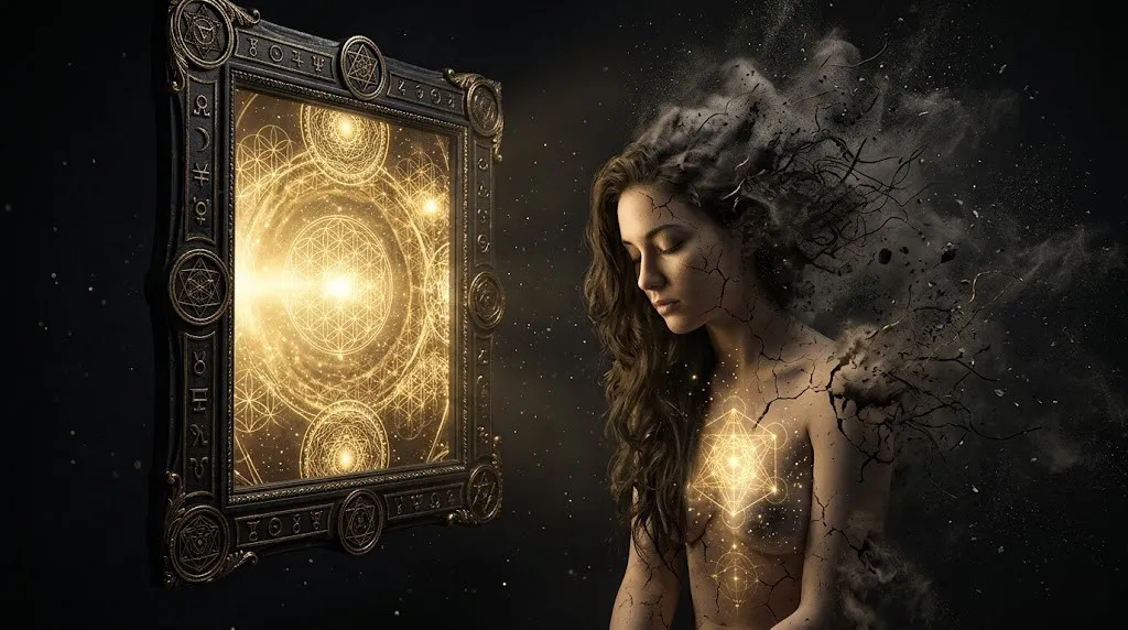 Человек смотрит в зеркало и видит вместо себя бесконечный свет Наблюдателя, сбрасывая темные мысли как пепел.