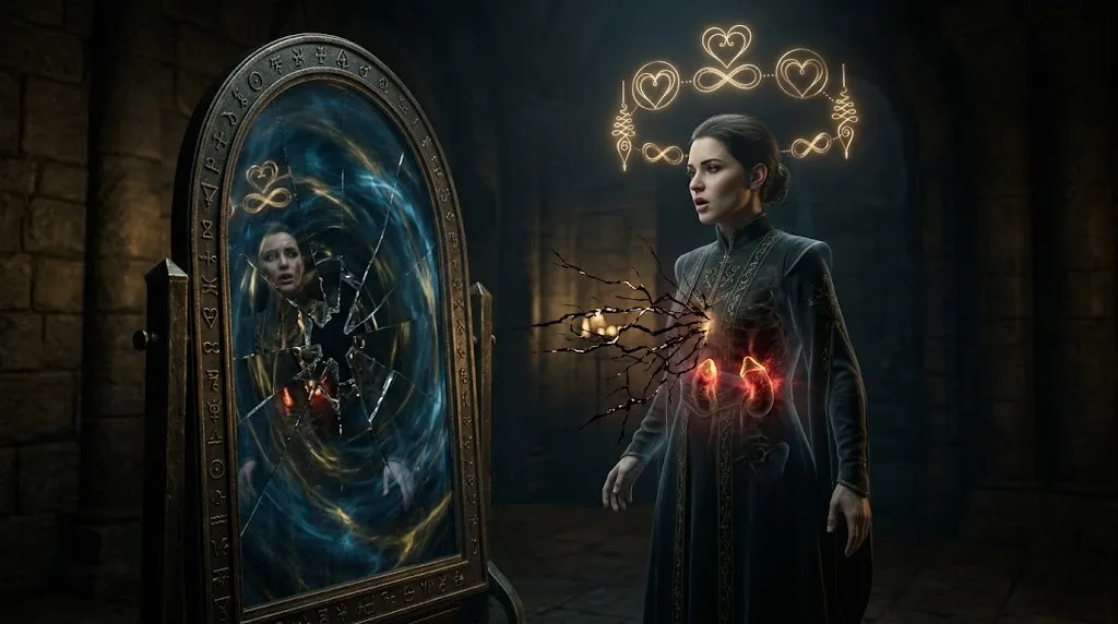 Адепт произносит аффирмации перед квантовым зеркалом, но зеркало отражает ее внутренний страх и хаос.