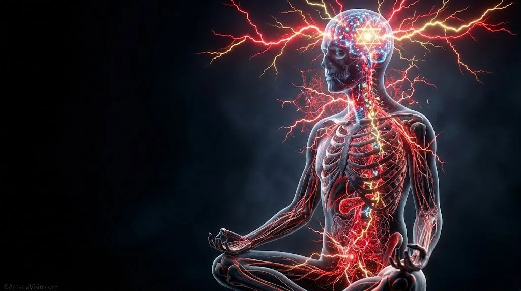 Перегрузка нервной системы и мозга при неконтролируемом пробуждении Кундалини, символизирующая психический срыв.