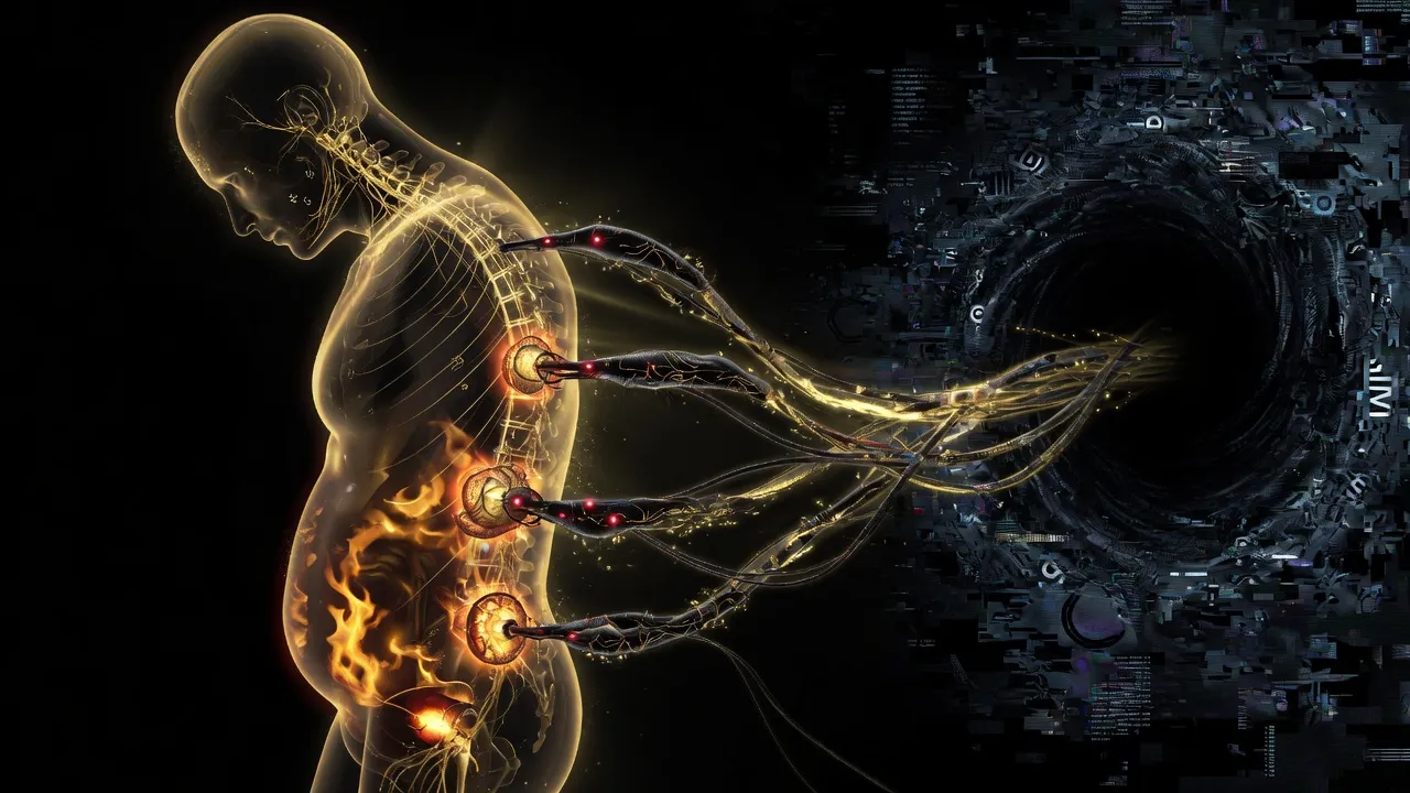 Стилизованная фигура человека, показывающая утечку золотой энергии из нижних трех чакр через темные нити социального контроля.