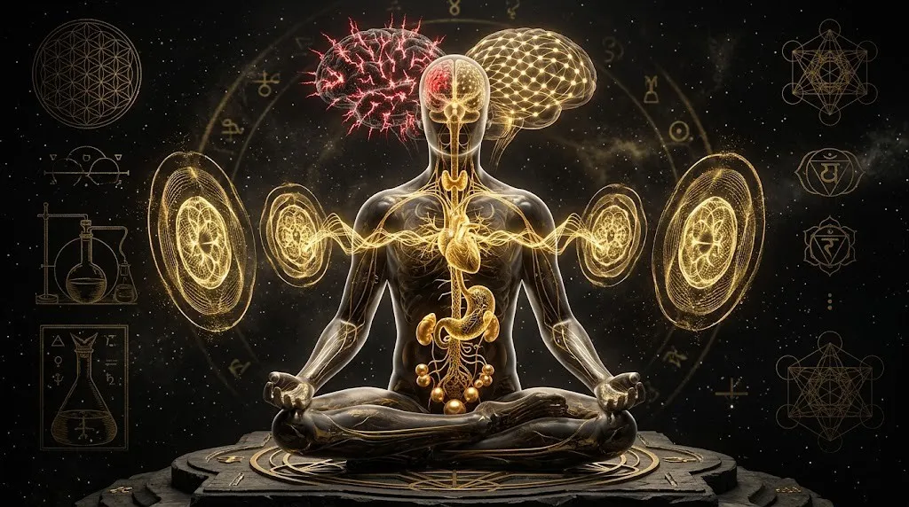 Полупрозрачная фигура человека в медитации: гармонизация блуждающего нерва и успокоение нейронных сетей мозга золотыми звуковыми волнами.