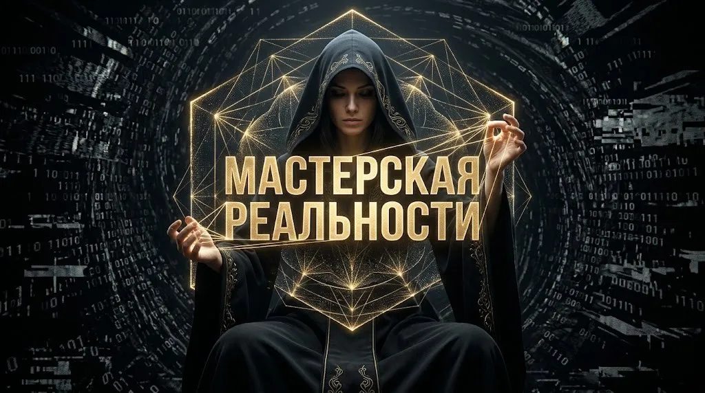 Киматика и мантры: физика звука как инструмент программирования биологической реальности 5 Крупный русский текст "МАСТЕРСКАЯ РЕАЛЬНОСТИ" в центре золотой голограммы, которую создаёт адепт из хаотичного шума данных.