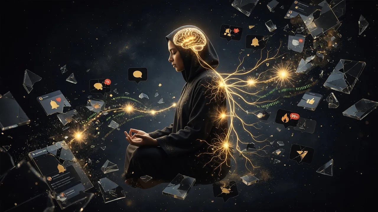 Человек в медитации с золотыми нейронными связями, разрушающий цифровые экраны и код Матрицы силой фокуса.