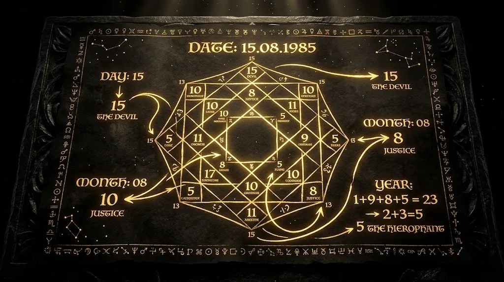 Инфографика ручного пошагового расчета Матрицы Судьбы на примере даты рождения 15.08.1985.