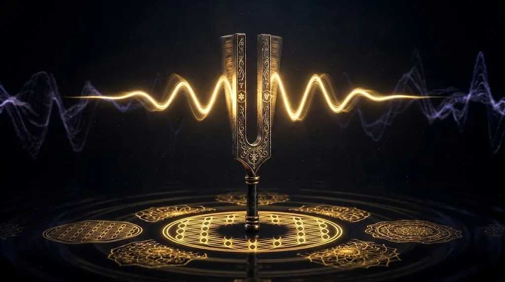 Золотой камертон излучает идеальную звуковую волну, резонируя с нужной линией жизни в темном квантовом поле.