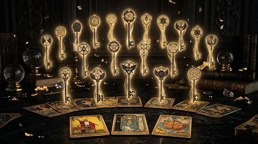 Иллюстрация 22 ключей и карт Таро в воздухе, символизирующих 22 энергии Матрицы Судьбы.