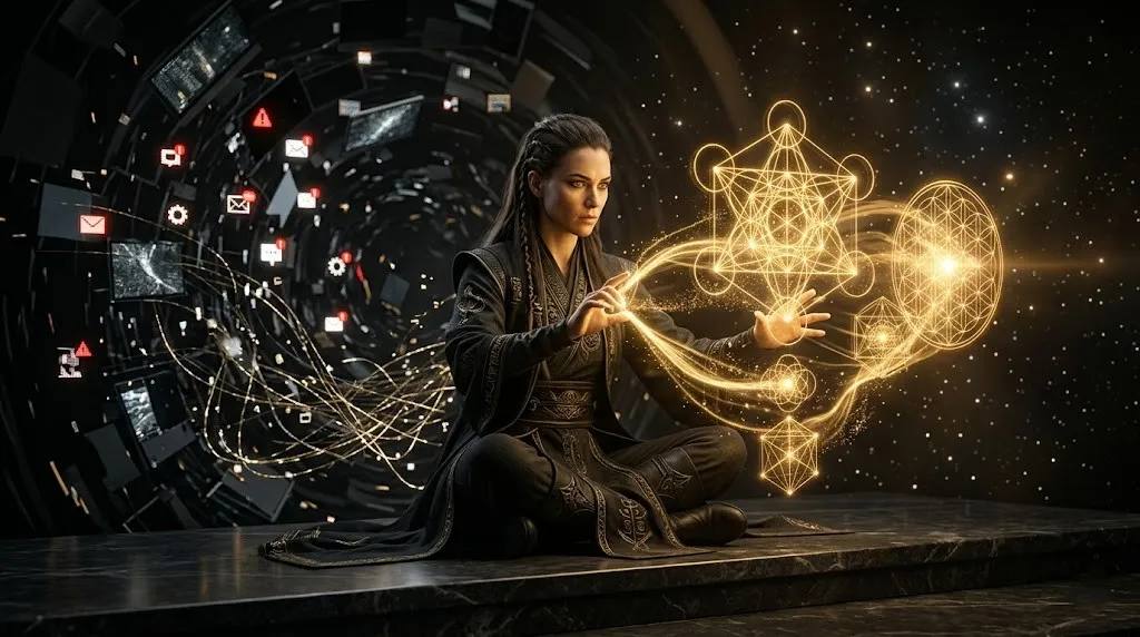 Адепт в медитации манипулирует золотой сакральной геометрией, превращая хаос Big Data в структурированное Пространство вариантов.