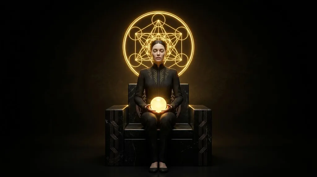 Адепт в состоянии полного присутствия и тишины ума держит золотую сферу сознания, управляя реальностью.