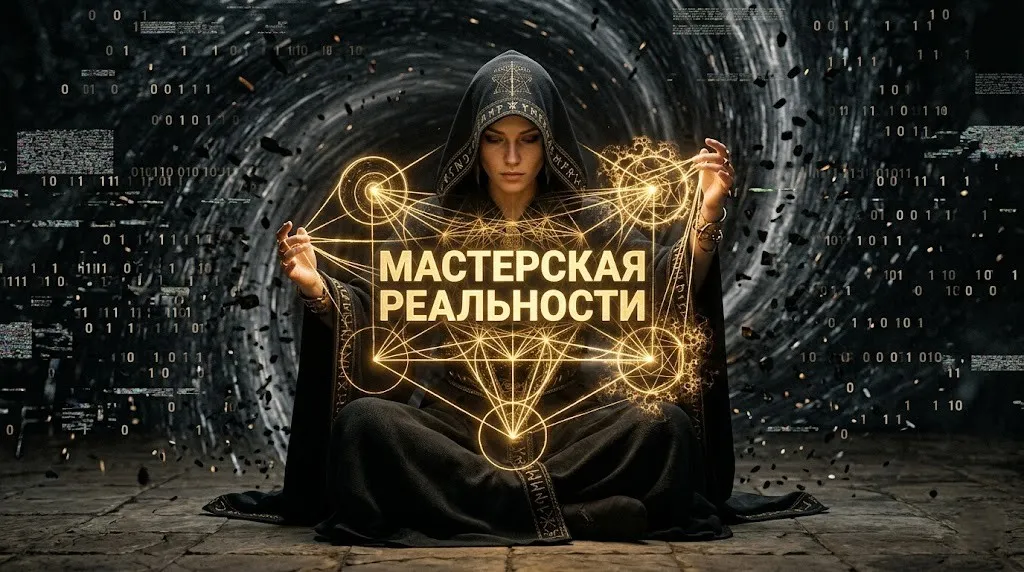 Женщина-адепт манипулирует светящейся сакральной геометрией, символизирующей переход от хаоса теории к практике творения реальности в Мастерской.