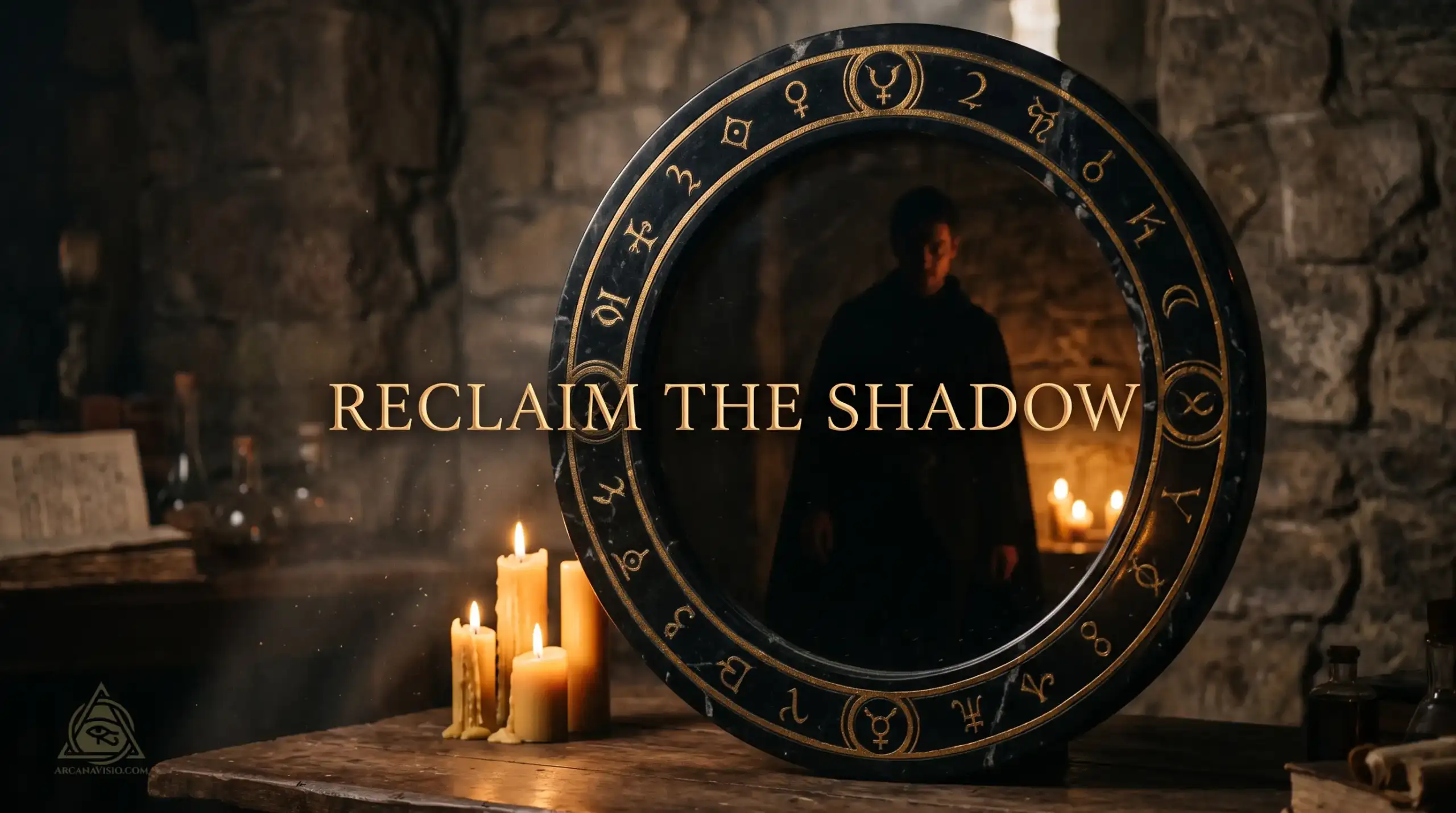 How to do shadow work guide cover showing Jungian archetypal reflection in obsidian mirror