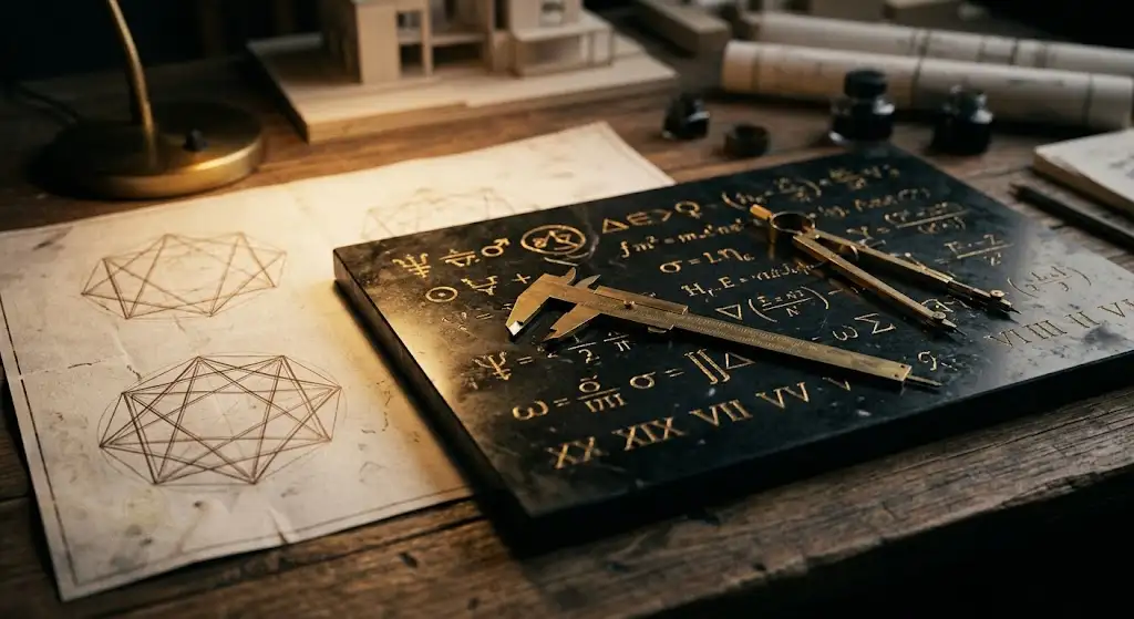 Mathematical diagram comparing minus 22 reduction rule with standard numerology on dark stone