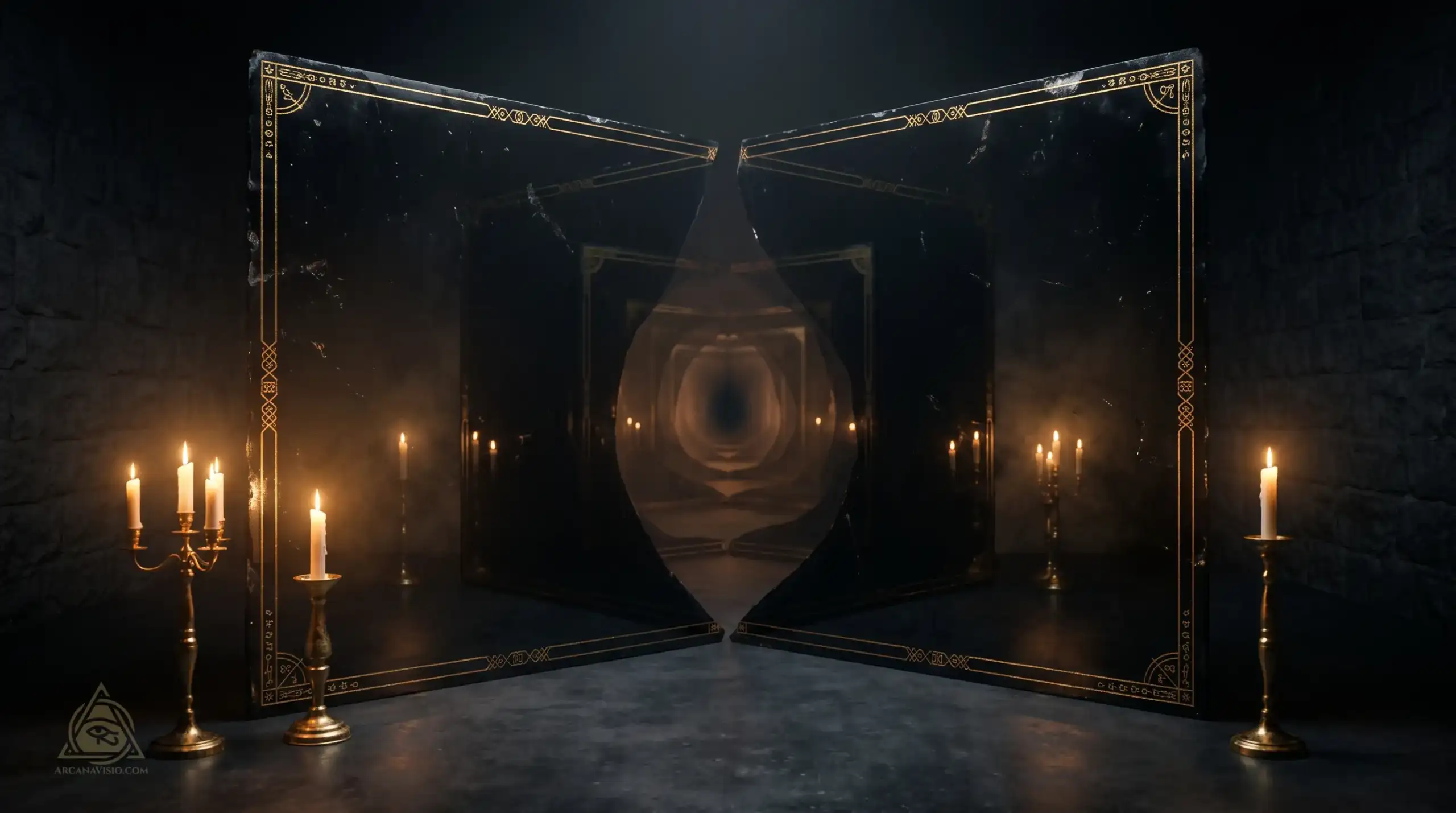 Subconscious triggers and psychological projection illustrated by obsidian mirrors and candlelight