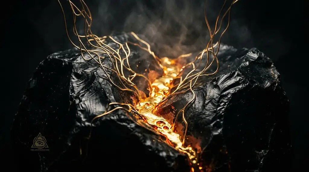 Dark obsidian stone sculpture representing the transmutation of the karmic tail into golden light