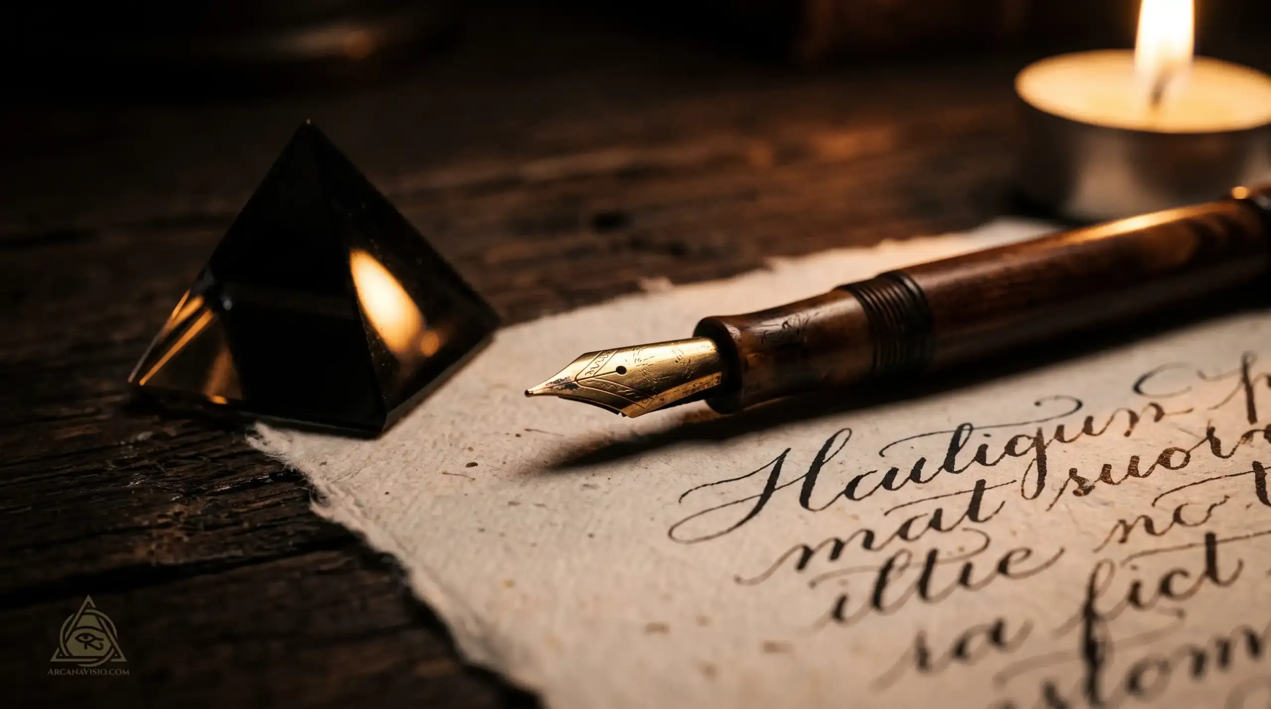 Shadow work journaling prompts illustrated by gold fountain pen on cotton paper with obsidian prism