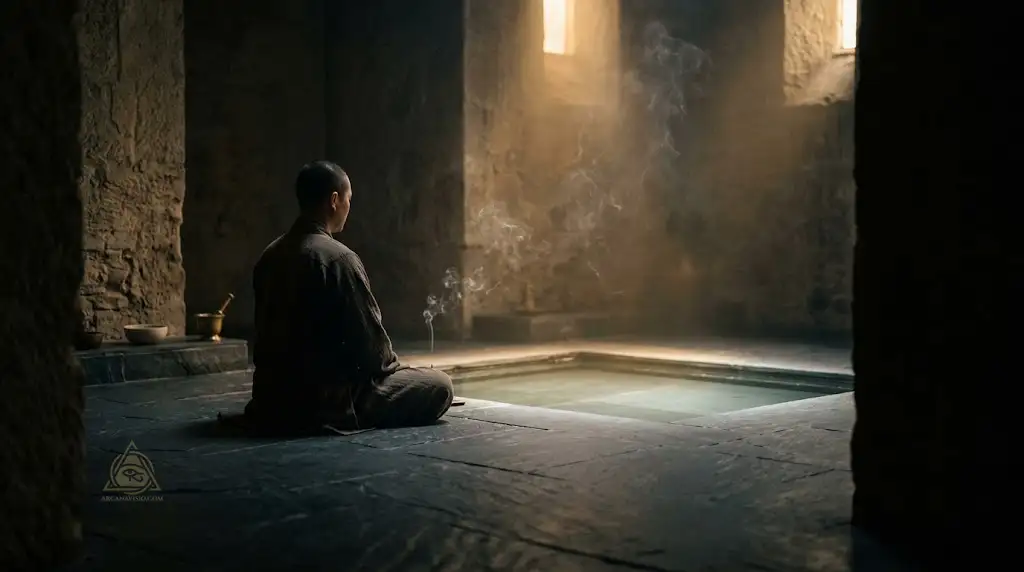 Solitary practitioner in dark minimalist stone room practicing somatic breathwork calibration